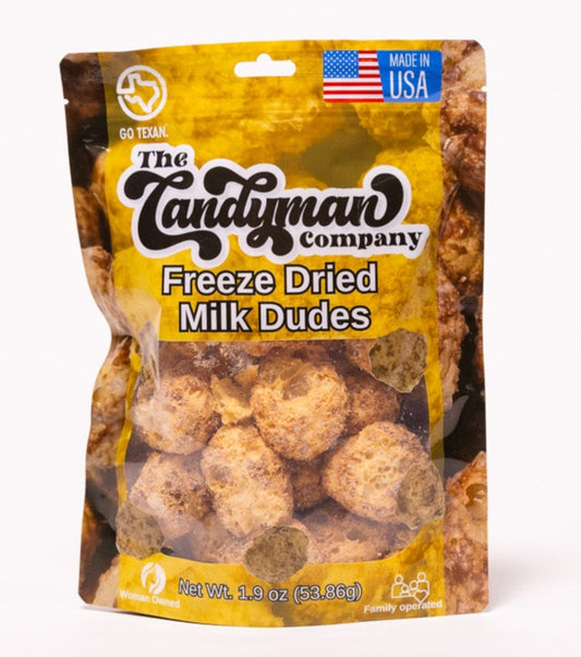 Packaged freeze-dried milk dudes from The Candyman on a white background